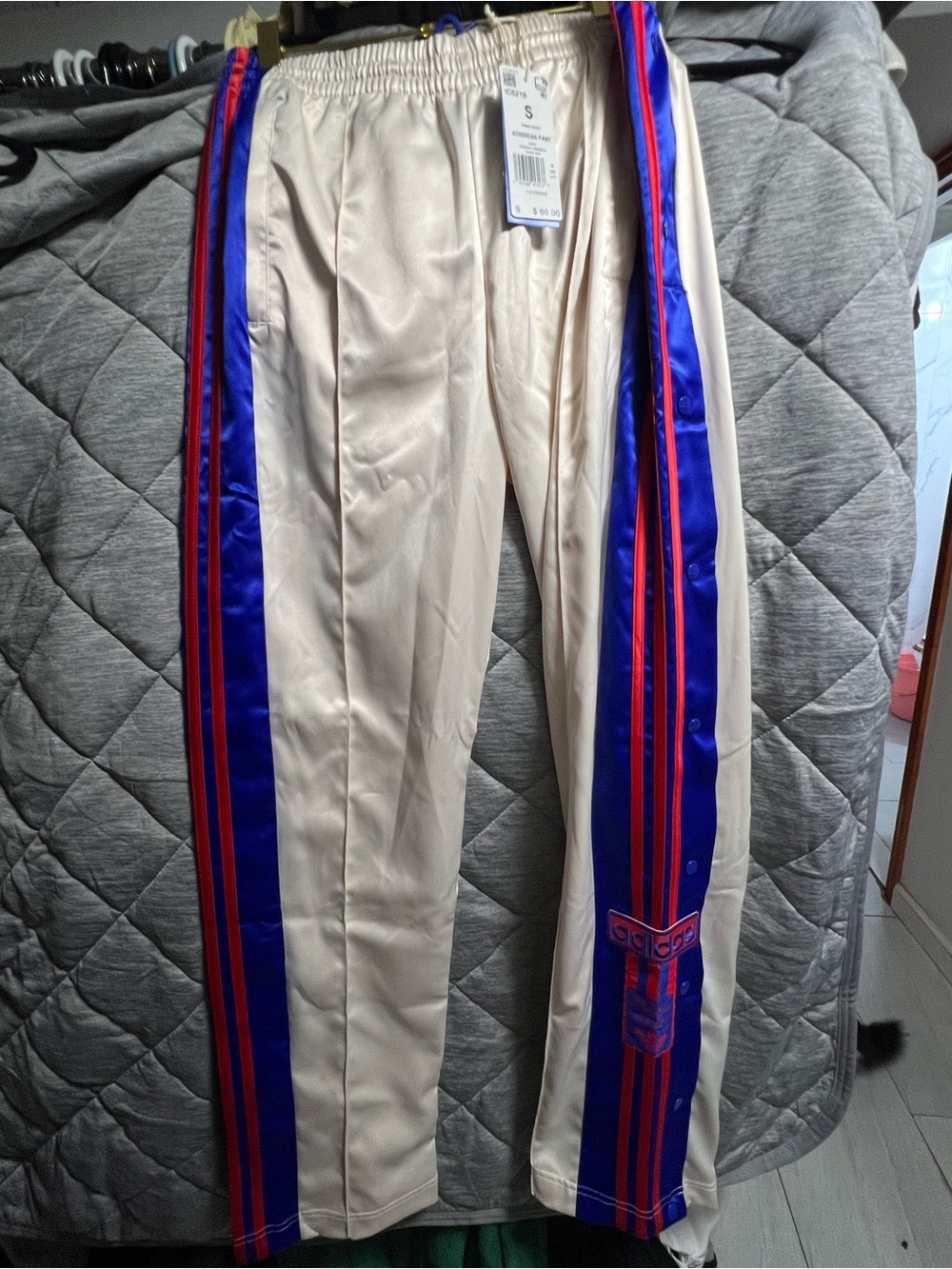 adidas Cream Track Pants with Blue & Red Side Stripes